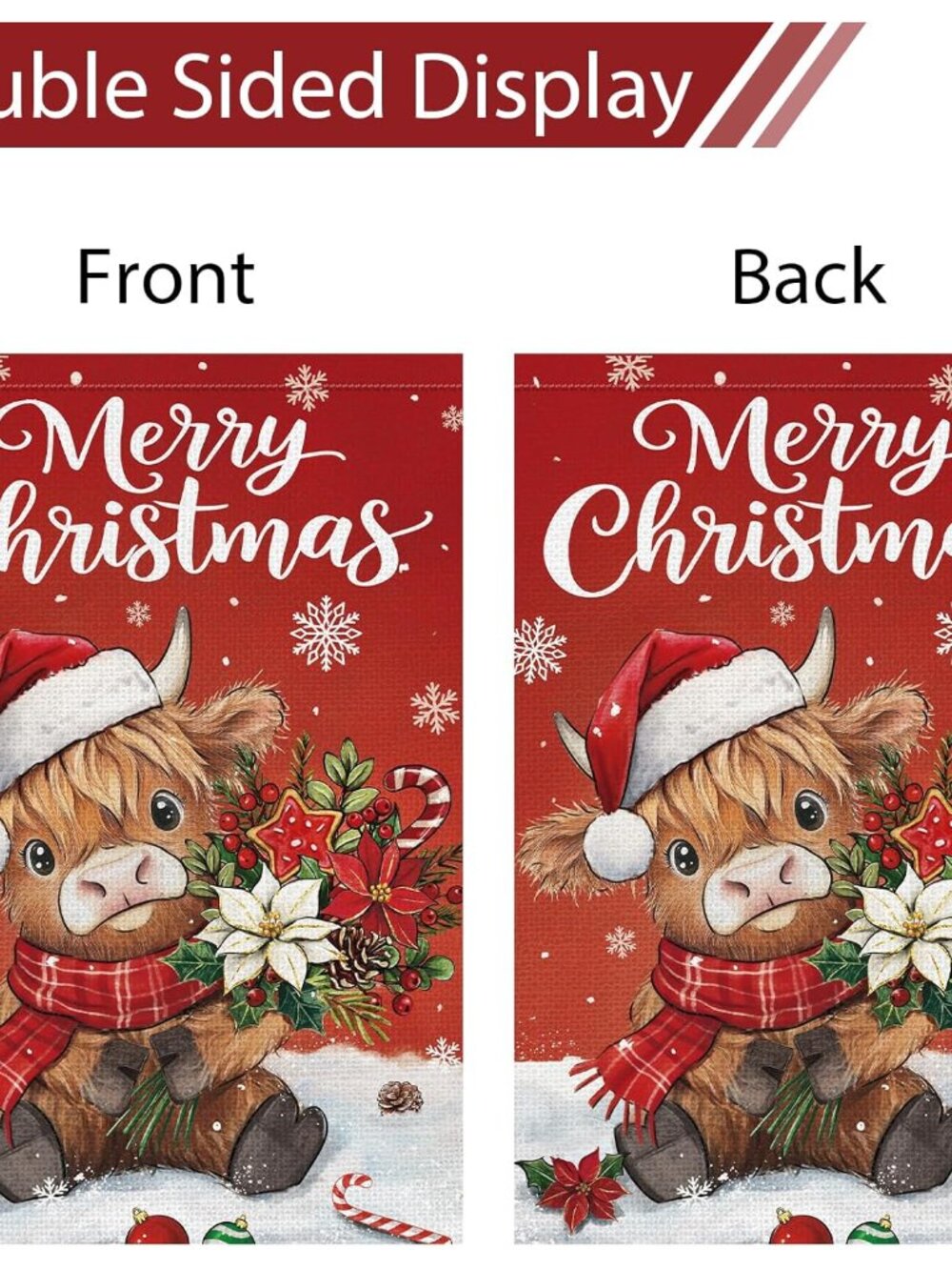 Merry Christmas Highland Cow Garden Flag 12x18 Inch Double Sided Burlap, Winter - Picture 6 of 7